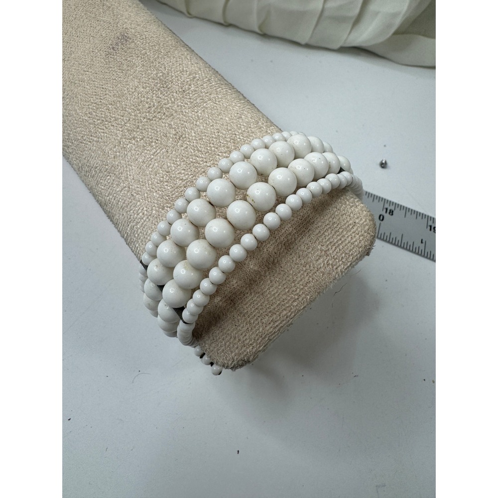 Vintage White  Bead 3-Row Wrap Bracelet Memory Wire Cuff